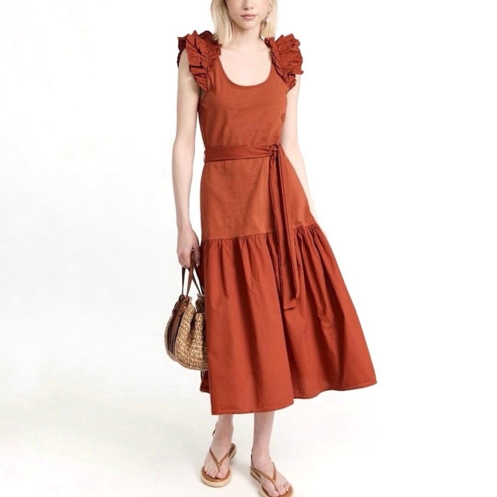 Nation LTD Rust Orange Ruffle-Sleeve Midi Dress